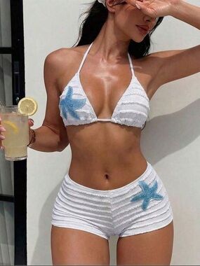 SHEIN White Textured Bikini Set with Blue Starfish Accents
